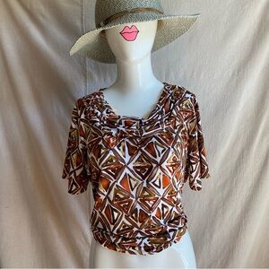 Y2K Retro Print Polyester Short Sleeve with Ruched Neckline